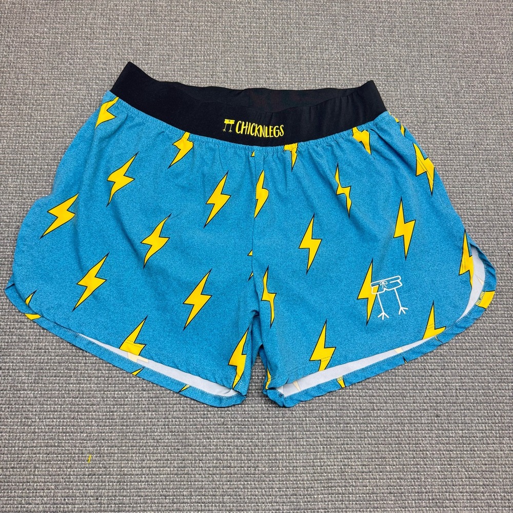 ChicknLegs Mens Large Blue Lightning Bolt Running Shorts Split Leg Zipper Pocket